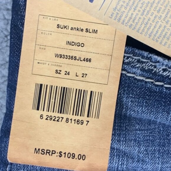 Silver Jeans Suki Ankle Slim Jeans Indigo Size 24/27 44 in NWT Curvy Fit Stretch - Picture 14 of 16
